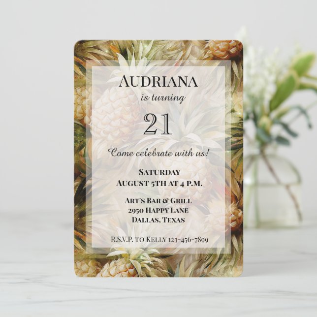 Chic Tropical Pineapples Birthday Invitation (Standing Front)