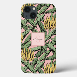 Chic Tropical Pink and Yellow Banana Leaf Pattern iPhone 13 Case
