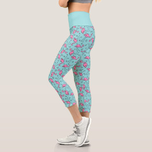 Chic Tropical Pink Flamingo on Aqua Blue Pattern Capri Leggings
