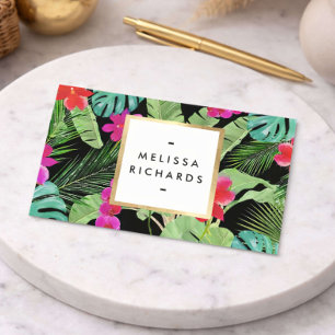 Chic Tropical Print Watercolor Designer Black Business Card
