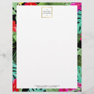 Chic Tropical Print Watercolor Designer Black Custom Letterhead