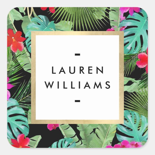 Chic Tropical Print Watercolor Designer Black Square Sticker (Front)