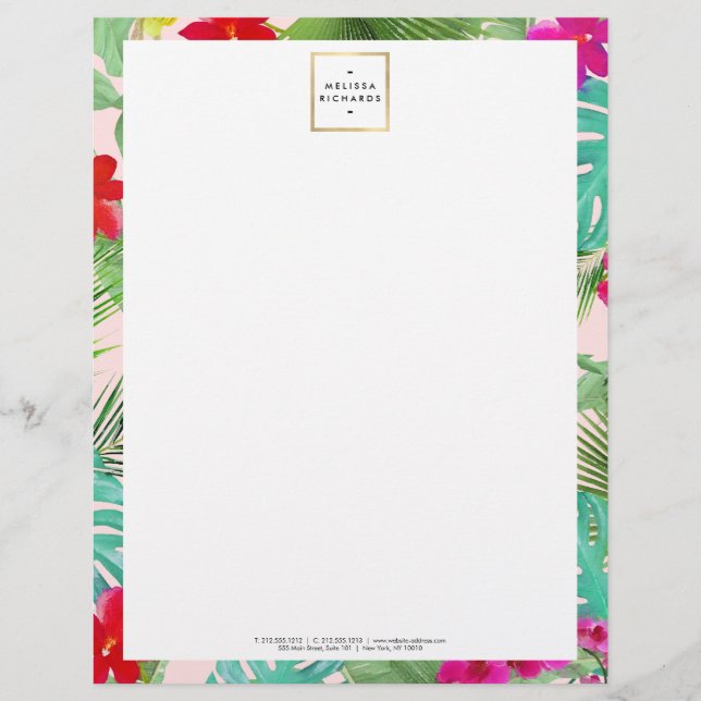 Chic Tropical Print Watercolor Designer Pink Custom Letterhead (Front)