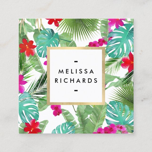 Chic Tropical Print Watercolor Designer Square Business Card (Front)