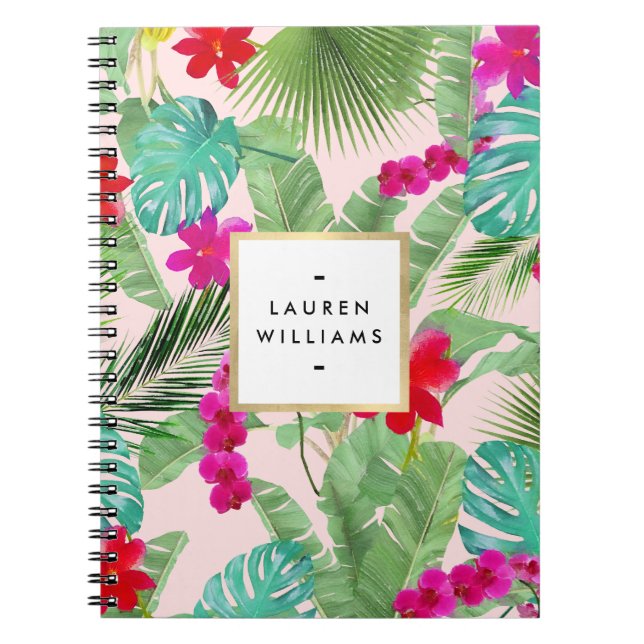 Chic Tropical Print Watercolor Pink Notebook (Front)