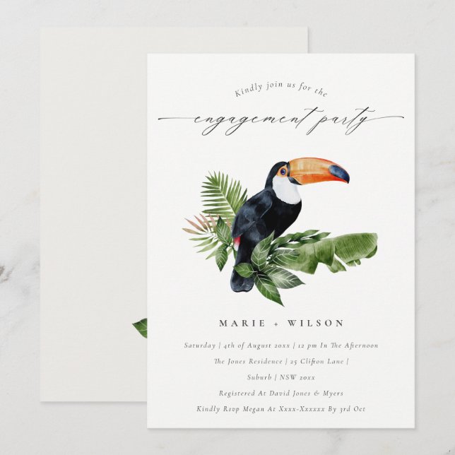 Chic Tropical Rainforest Toucan Engagement Invite (Front/Back)