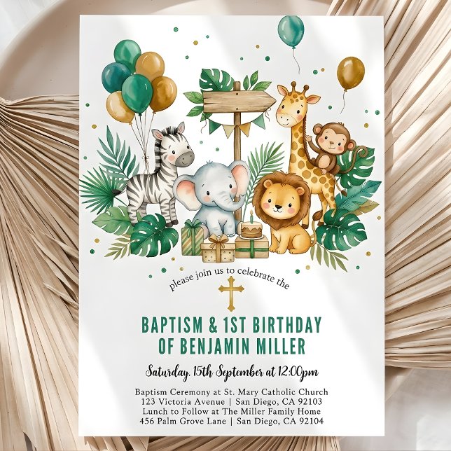 Chic Tropical Safari Jungle Baptism 1st Birthday Invitation (Chic Tropical Safari Jungle Baptism 1st Birthday Invitation)