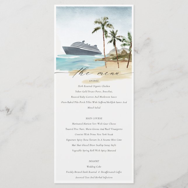 Chic Tropical Seascape Palm Beach Cruise Wedding Menu (Front)