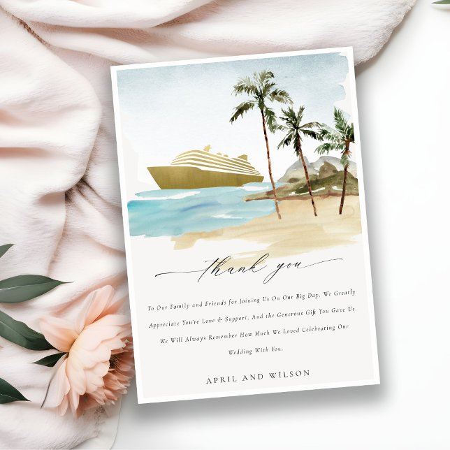 Chic Tropical Seascape Palm Beach Cruise Wedding Thank You Card (Creator Uploaded)