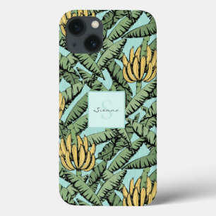 Chic Tropical Turquoise Yellow Banana Leaf Pattern iPhone 13 Case