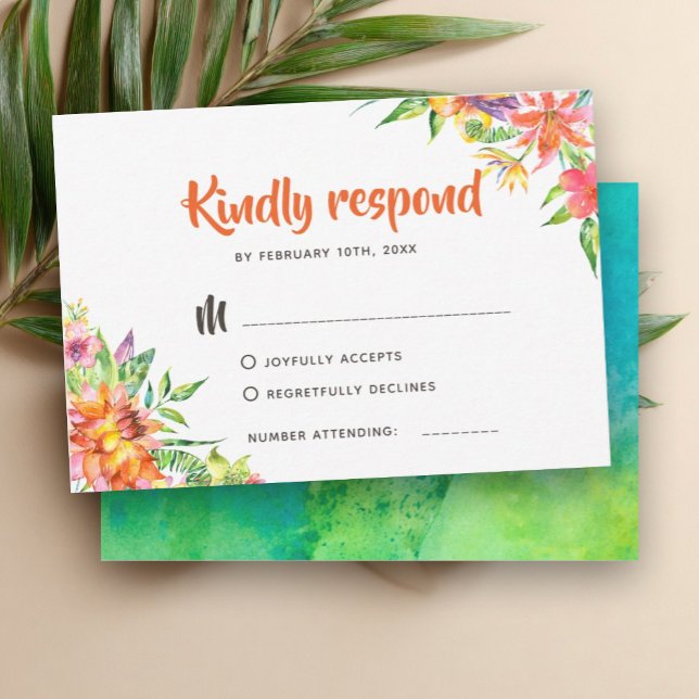 Chic Tropical Watercolor Summer Wedding RSVP Card (Creator Uploaded)