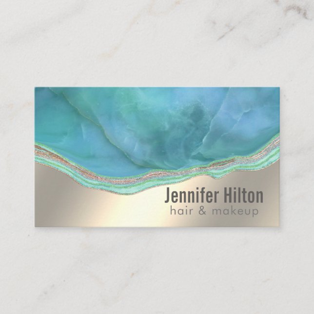 Chic turquoise agate geode professional  gold foil business card (Front)
