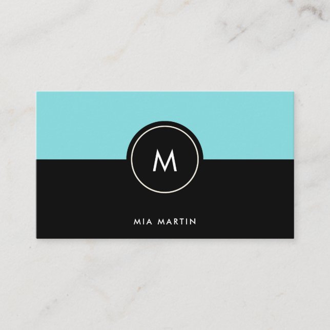 Chic Turquoise and Black | Monogram Dark Business Card (Front)