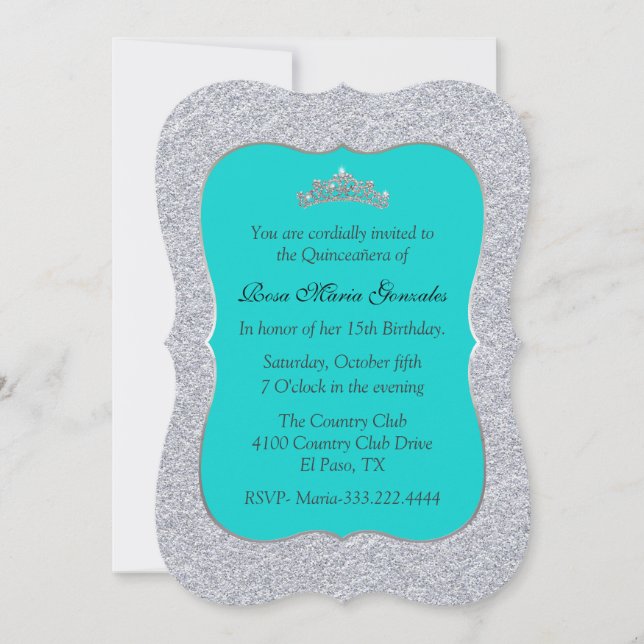 Chic Turquoise and Silver Quinceañera Invitation (Front)