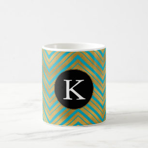 Chic Turquoise Aqua Blue Gold Chevron Monogram Coffee Mug