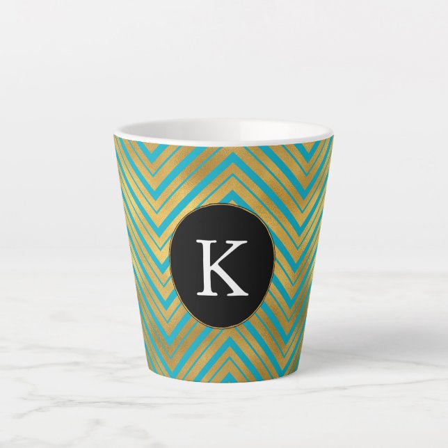 Chic Turquoise Aqua Blue Gold Chevron Monogram Latte Mug (Front)
