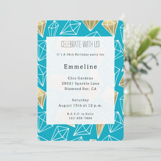 Chic Turquoise Aqua Blue Gold Diamonds Birthday Invitation (Standing Front)