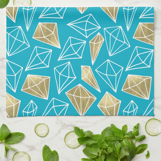 Chic Turquoise Aqua Blue Gold Diamonds   Tea Towel (Folded)