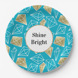 Chic Turquoise Aqua Gold Diamonds Glitter birthday Paper Plate