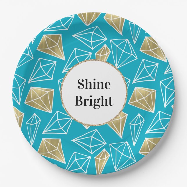 Chic Turquoise Aqua Gold Diamonds Glitter birthday Paper Plate (Front)