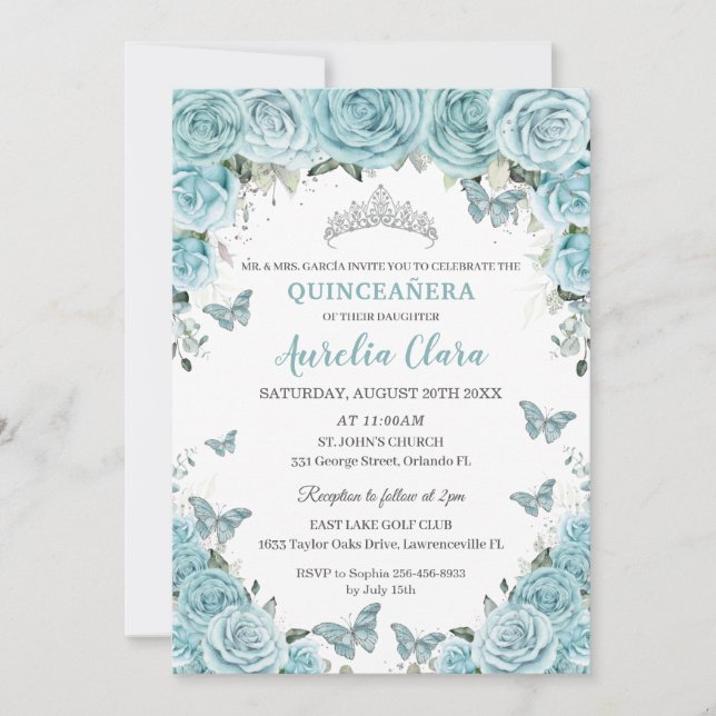 Chic Turquoise Blue Floral Butterflies Quinceañera Invitation (Front)