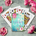 Chic Turquoise Blue Floral Watercolor Monogram Playing Cards<br><div class="desc">Rose pink and white watercolor flowers and simple, dark purple pink name typography and white script monogram overlay a modern turquoise blue and light yellow ombre watercolor background on these elegant, trendy, girly, custom monogramed playing cards. Personalise with your name and monogram. Makes a great unique, personalised present for someone...</div>