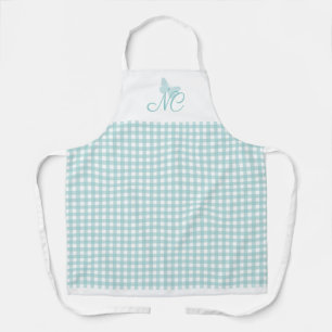 Chic Turquoise Butterfly Monogram Gingham Check Apron