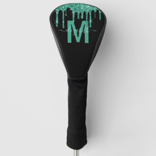Chic Turquoise Dripping Glitter Monogram Name Golf Head Cover