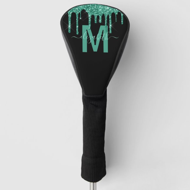 Chic Turquoise Dripping Glitter Monogram Name Golf Head Cover (Front)