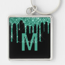 Chic Turquoise Dripping Glitter Monogram Name