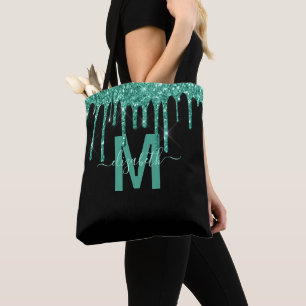 Chic Turquoise Dripping Glitter Monogram Name Tote Bag