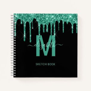 Chic Turquoise Dripping Glitter Monogram Sketch Notebook