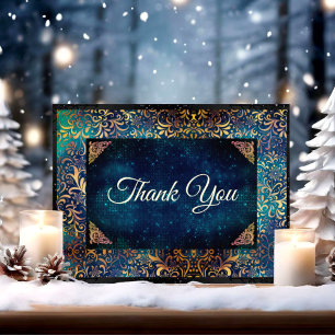 Chic turquoise floral faux gold thank you card