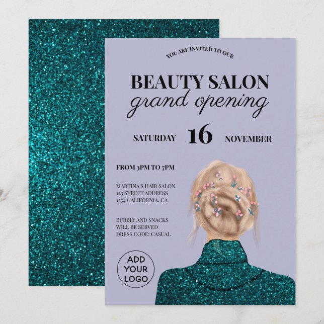 Chic turquoise glitter beauty salon grand opening invitation (Front/Back)