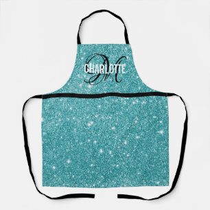 Chic turquoise glitter monogram name apron