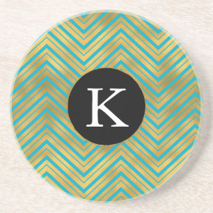 Chic Turquoise Gold Chevron Monogram Coaster