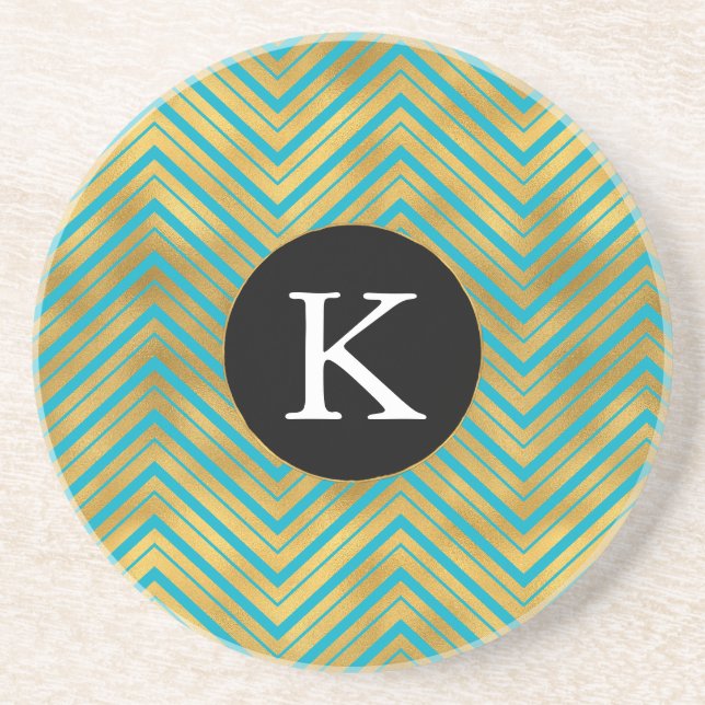 Chic Turquoise Gold Chevron Monogram Coaster (Front)