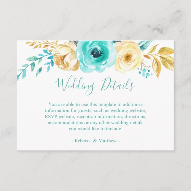 Chic Turquoise Gold Floral Wedding Details Info Enclosure Card (Front)