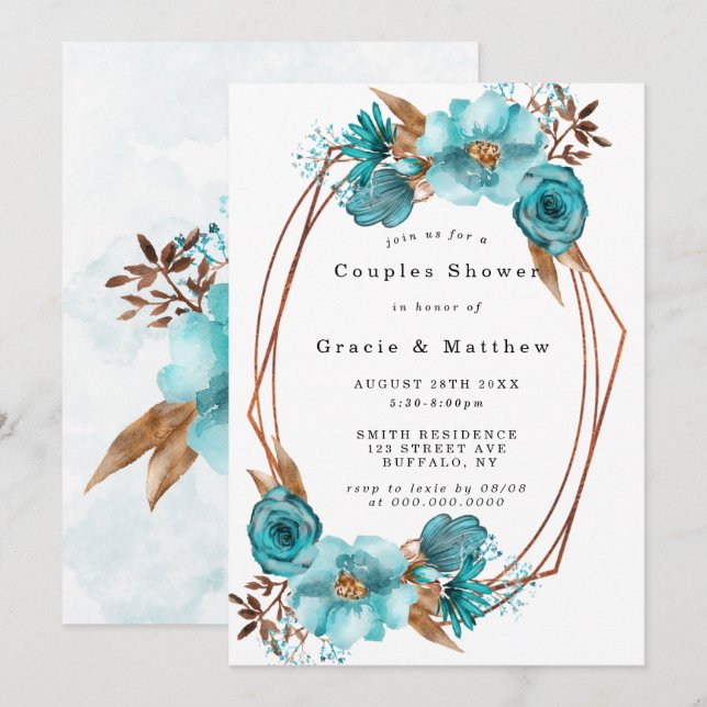 Chic Turquoise Gold Frame Couples Shower Invites (Front/Back)