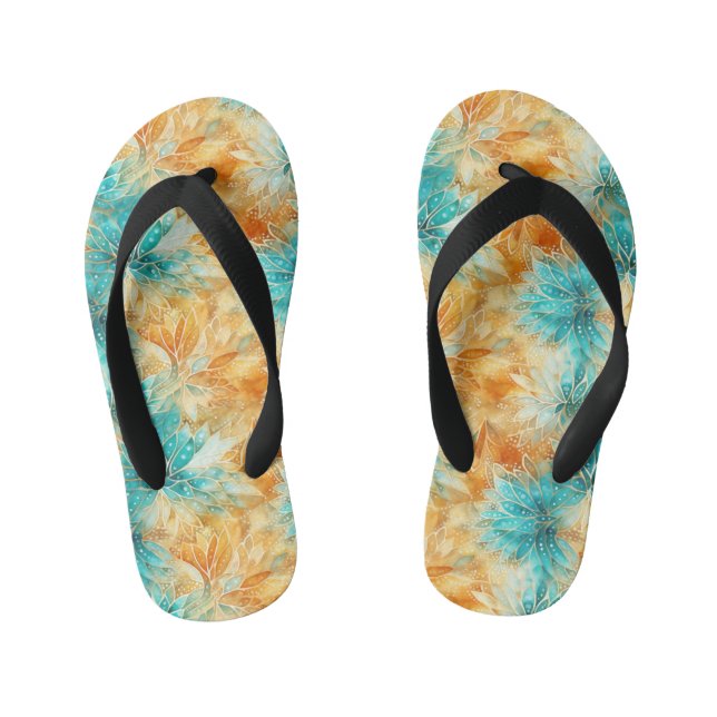 Chic Turquoise Peach Orange Floral Kid's Flip Flops (Footbed)