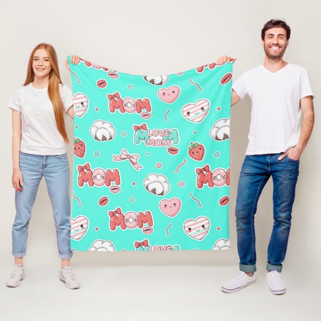 Chic Turquoise Pop Art MOM Love Pattern Fleece Blanket (In Situ)
