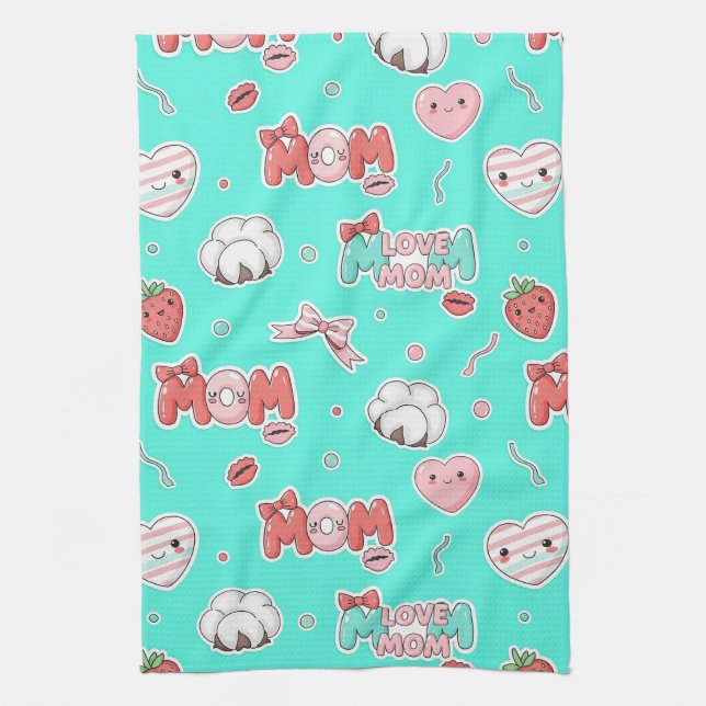 Chic Turquoise Pop Art MOM Love Pattern Tea Towel (Vertical)