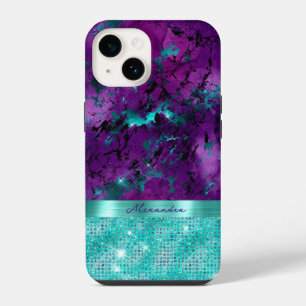 Chic Turquoise Purple Marble Faux Glitter Monogram iPhone 14 Case