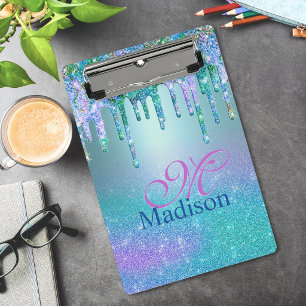 Chic turquoise purple ombre glitter drips monogram mini clipboard