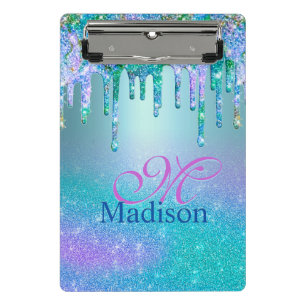 Chic turquoise purple ombre glitter drips monogram mini clipboard