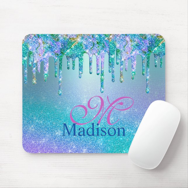 Chic turquoise purple ombre glitter drips monogram mouse mat (With Mouse)
