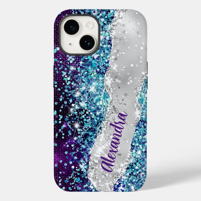 Chic Turquoise Purple Silver Faux Glitter Monogram Case-Mate iPhone Case (Back)