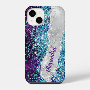 Chic Turquoise Purple Silver Faux Glitter Monogram iPhone 14 Case