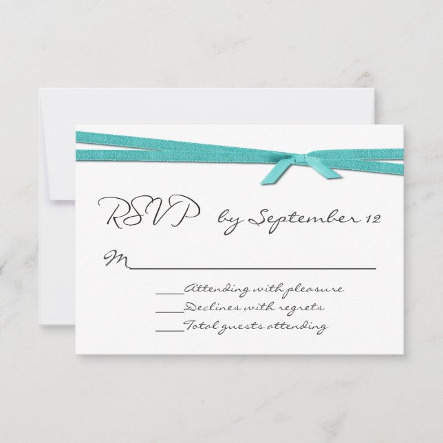 Chic Turquoise Ribbon Wedding RSVP Card (Front)