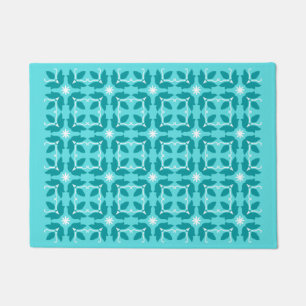 Chic Turquoise Tile Flowers Pattern Small Door Mat